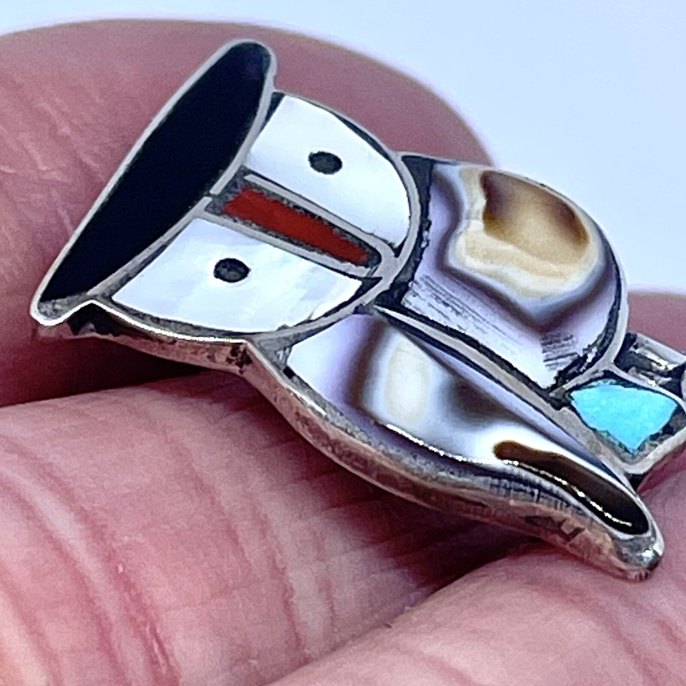 Zuni Horned Owl Pendant Pin Sterling Turquoise Inlay Brooch Native Signed Bird - Picture 2 of 5